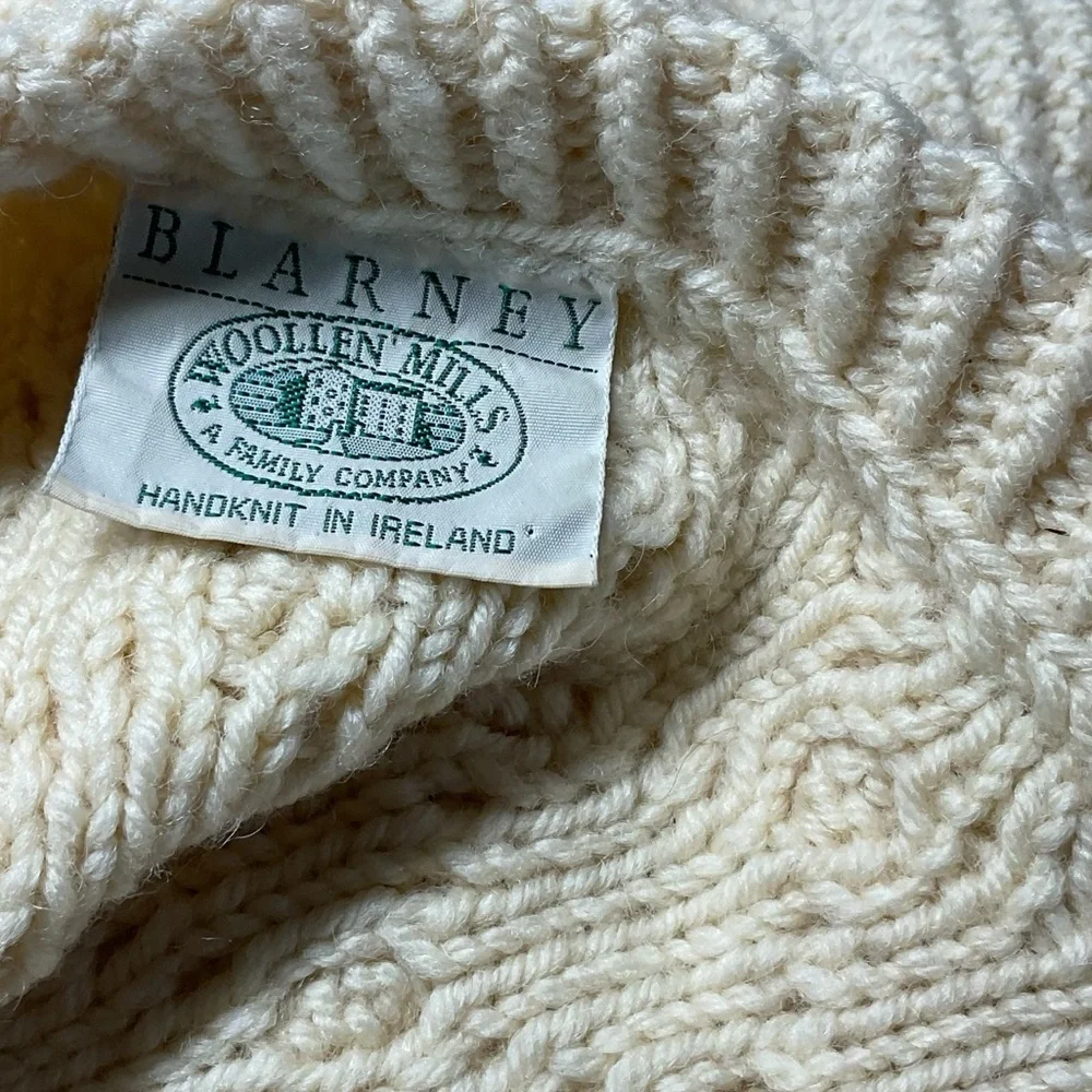 Blarney Woolen Mills Handknit Aran Wool Sweater Size L Cream Irish Cable Knit